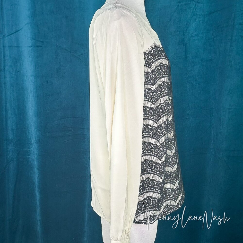 C. Luce Long Sleeve Black Lace Trim Blouse Top Medium - Picture 4 of 12